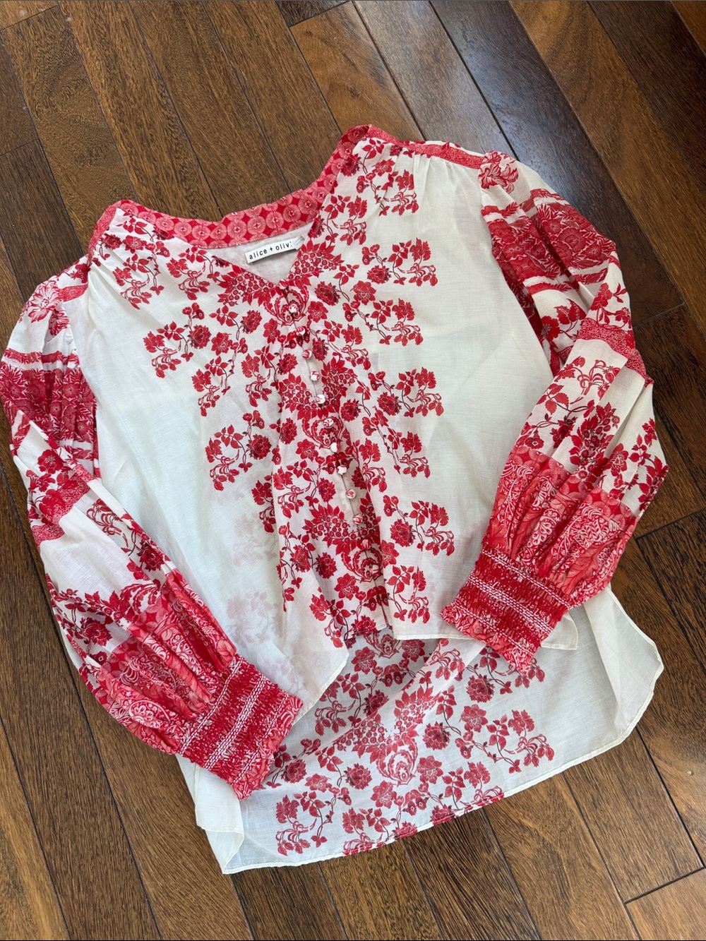 Alice + Olivia White Blouse with Red Floral Embroidery